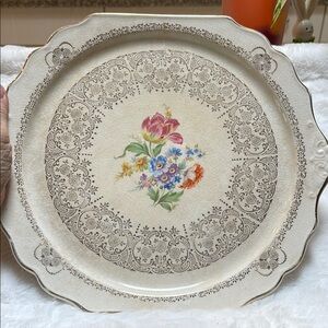 Vintage Queen Anne 22k gold plated serving platter 12” x 11” colorful floral